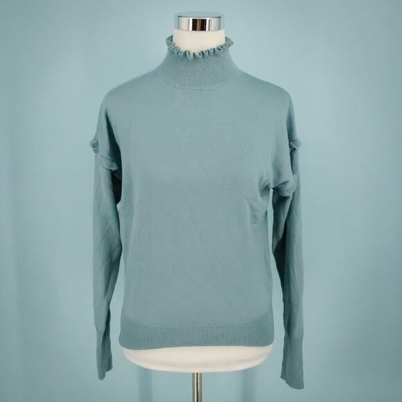 Rebecca Taylor Size XS Blue Mock Ruffle Neck Long Sleeve Merino Wool Sweater - Picture 1 of 9